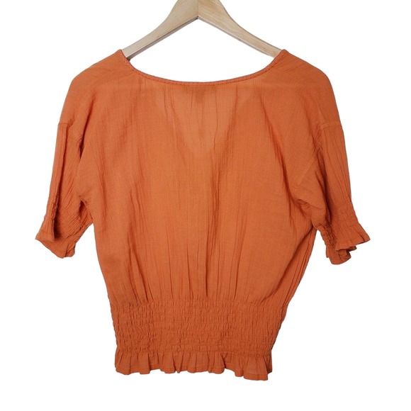 Frye Womens Top Size XS Split Neck Smocked Waist Short Sleeves in Orange Rust - Picture 3 of 12